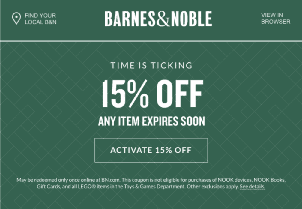 Winback email with a discount from Barnes & Noble