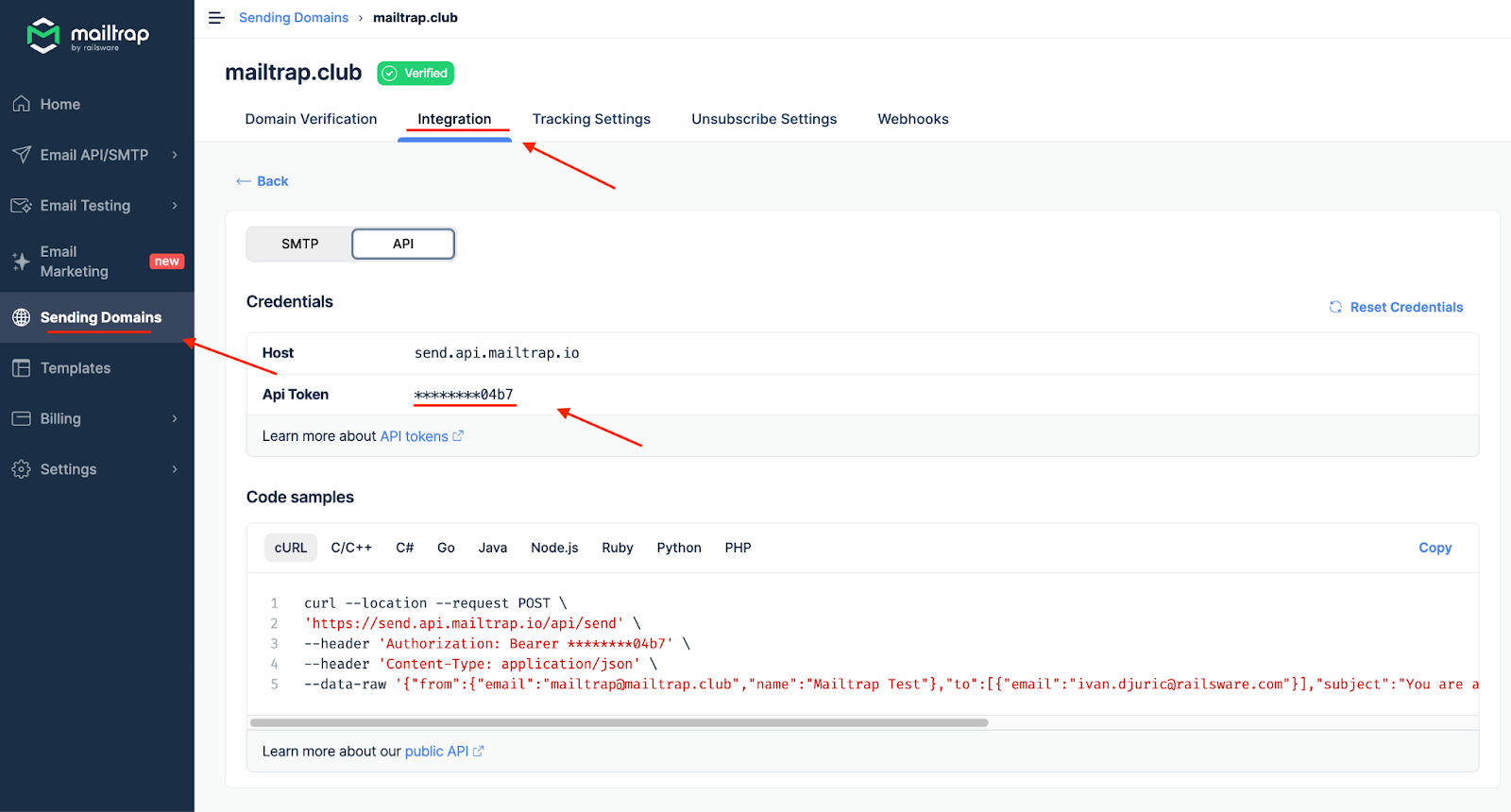 Identifiants de l’API de Mailtrap