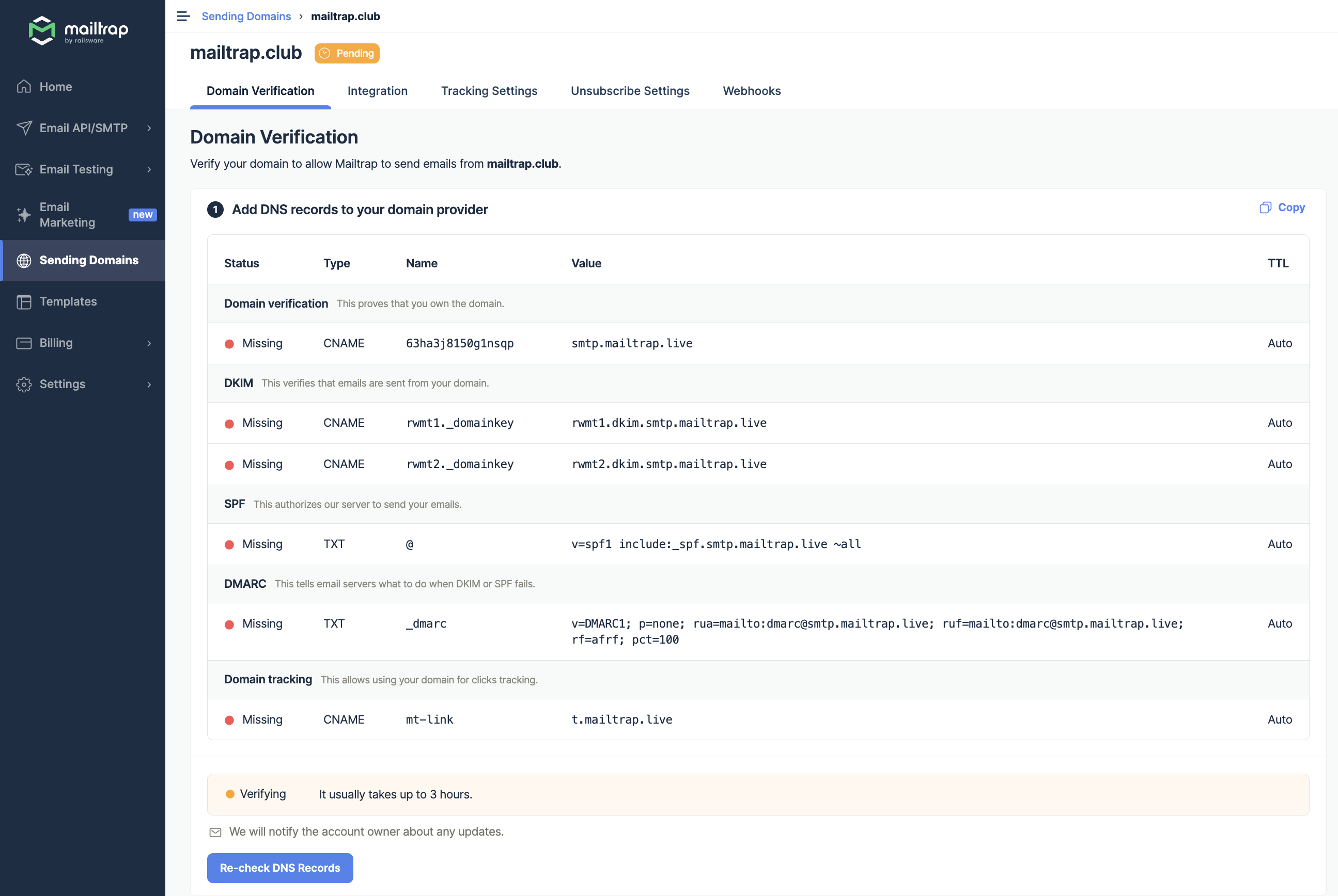 Rekordy DNS Mailtrap