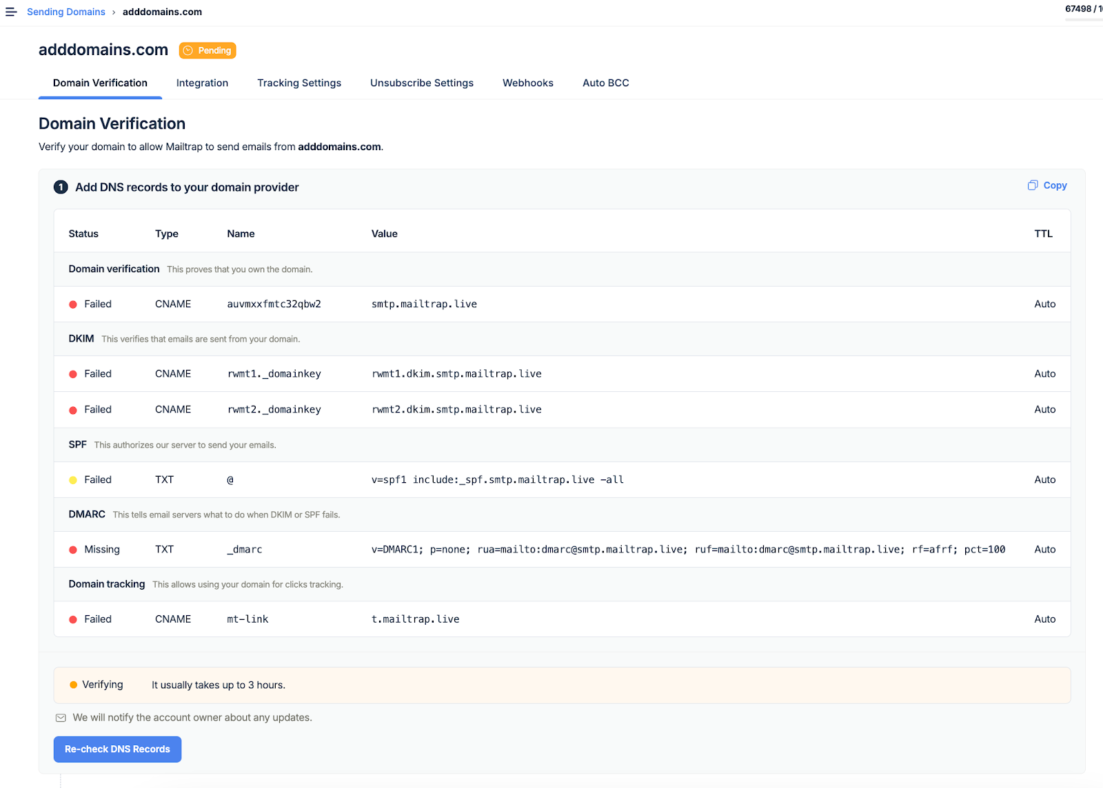 Mailtrap Email API/SMTP DNS records dashboard