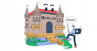 This image is a comical graphic representation of PHPMailer and Office 365 for an article that covers the topic in detail.