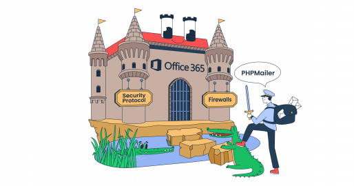 This image is a comical graphic representation of PHPMailer and Office 365 for an article that covers the topic in detail.