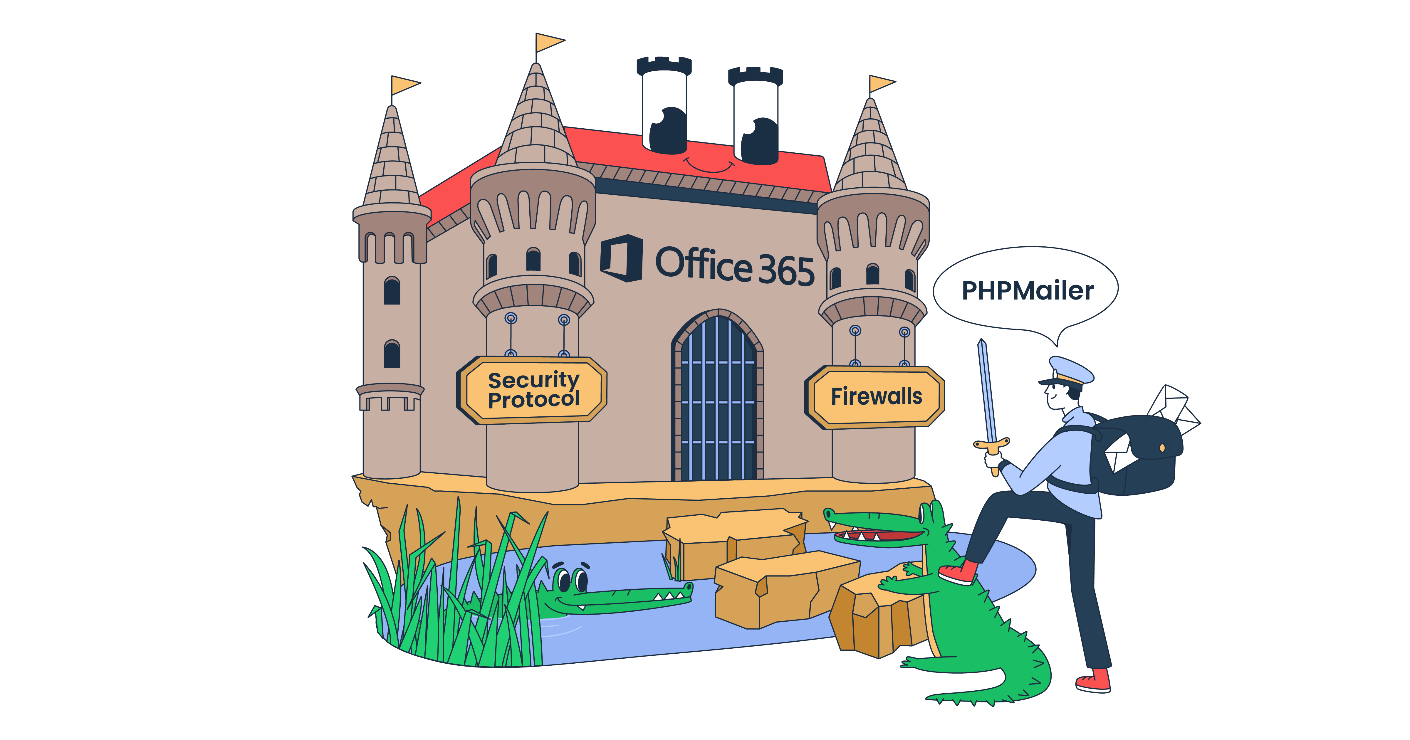 This image is a comical graphic representation of PHPMailer and Office 365 for an article that covers the topic in detail.