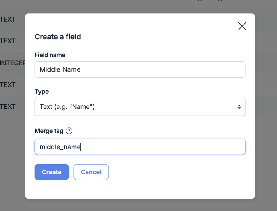 Mailtrap contact fields creation form