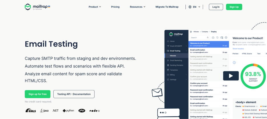 Mailtrap Email Testing landing page