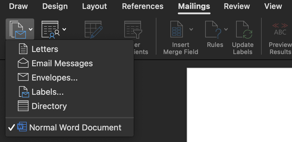 Start mail merge dropdown