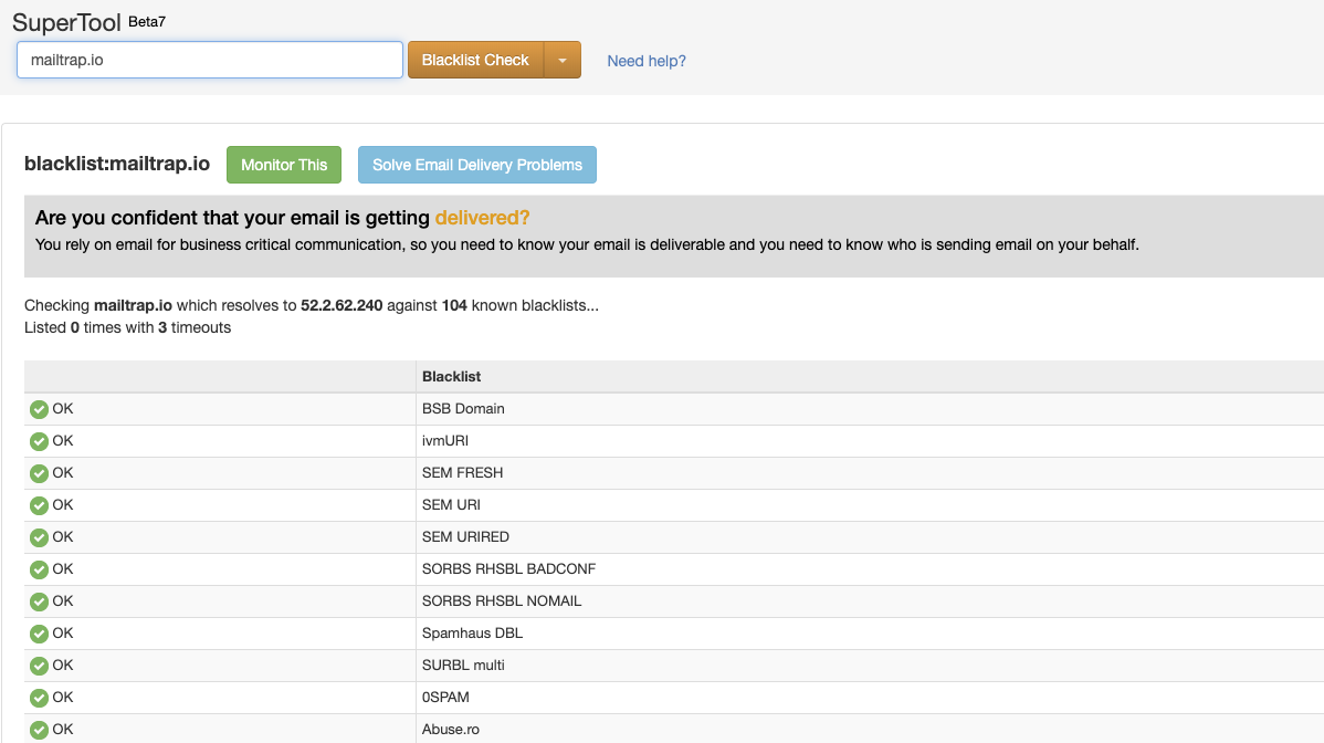 This image is showing the results of MX Toolbox results for a domain blacklist check. 