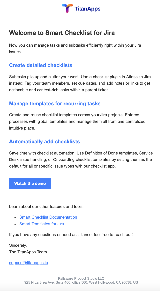This is an image showing a TitanApps welcome email