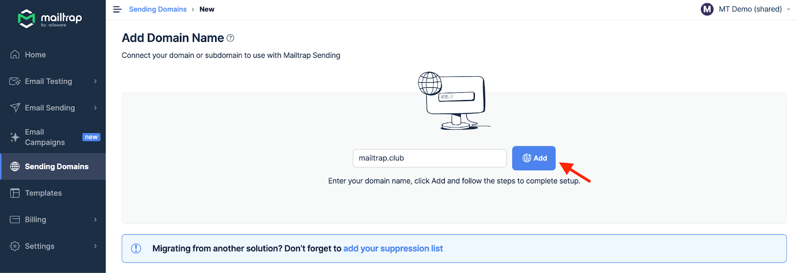 Mailtrap Email Delivery Platform adding the domain menu. 