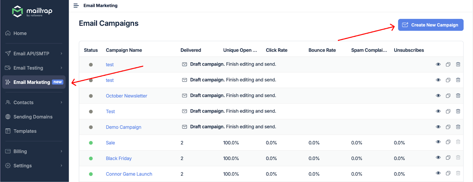 Mailtrap Email Delivery Platform Campaign creation menu