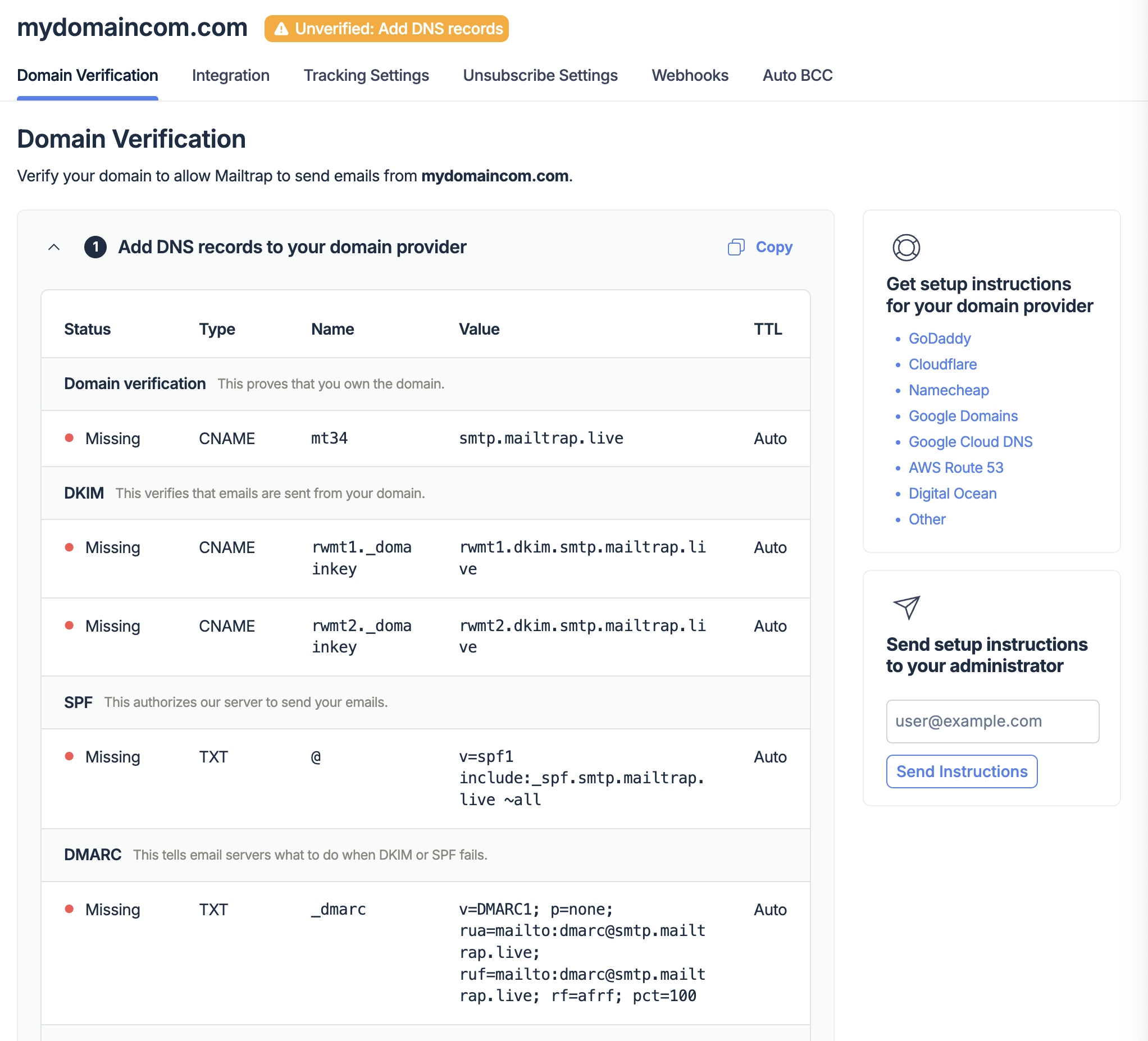 Mailtrap Email Delivery Platform DNS records tab domain verification