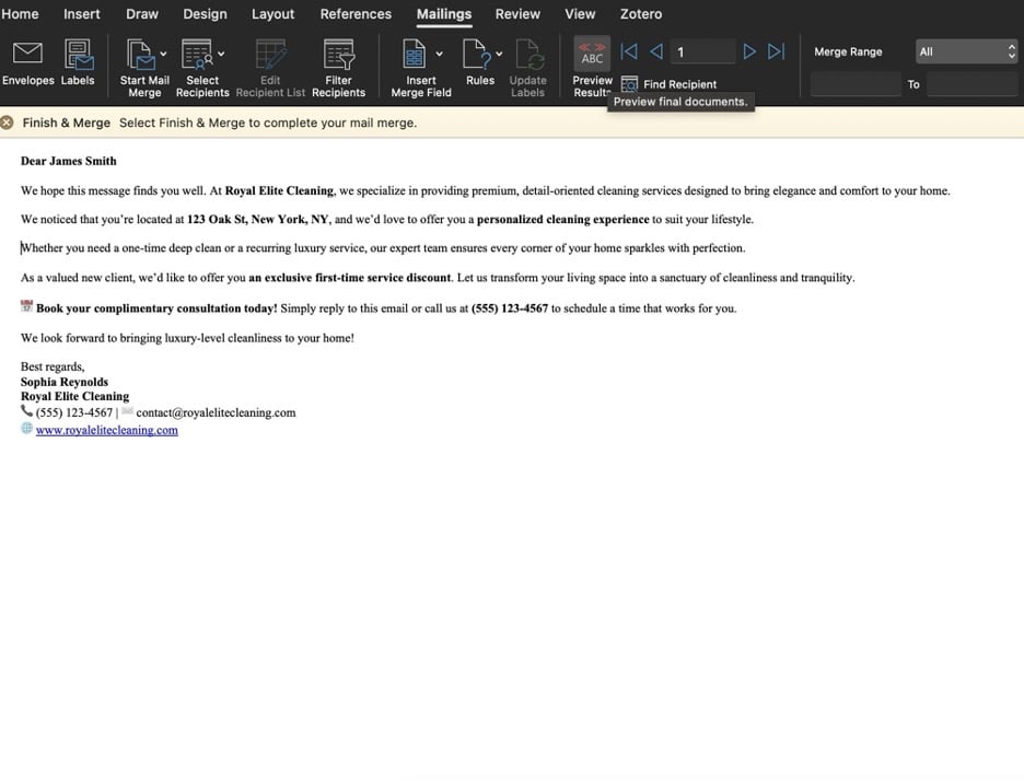 This is an image showing a mail merge Word doc with merge fields