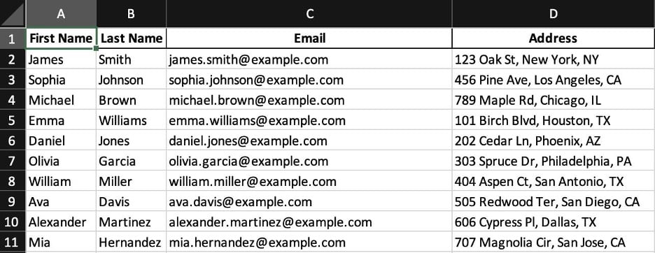 This is an image showing the mail merge Word Excel sheet 