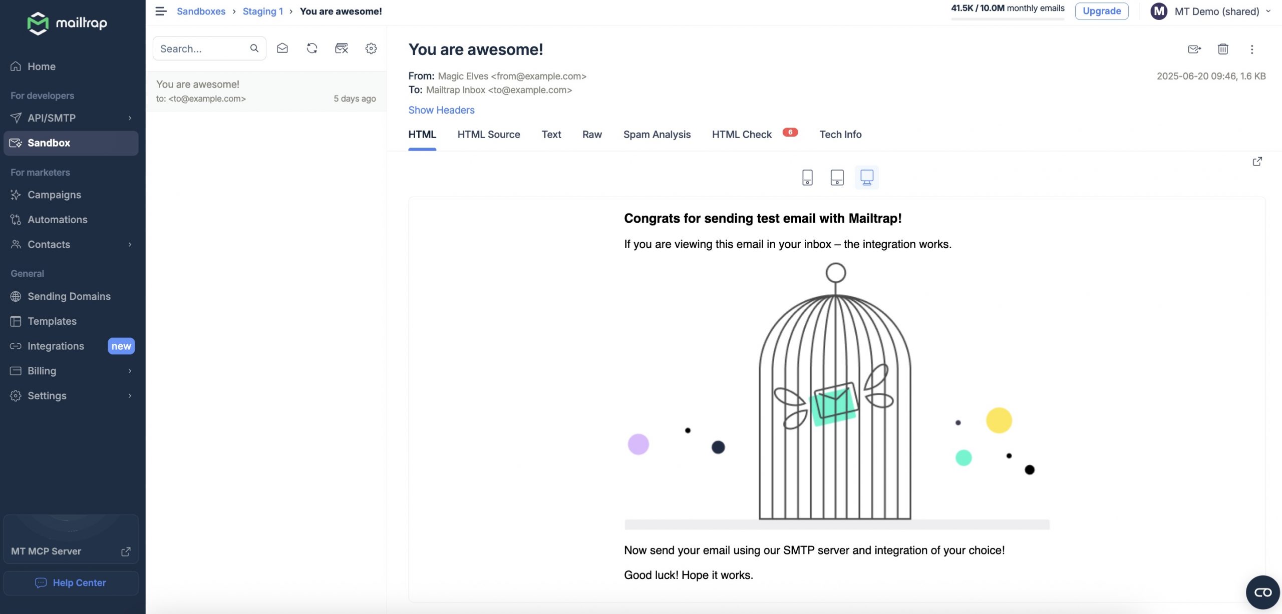 This is an image showing the Mailtrap Email Testing tab