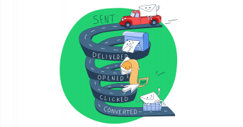 This is a symbolic graphic representation of email marketing dashboards in a funnel view for an article that covers the topic in detail.
