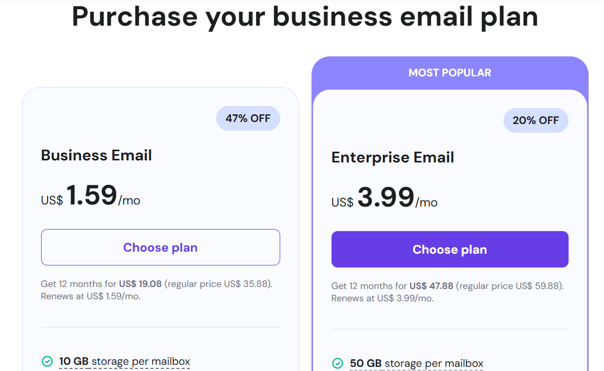 Billing plans selection menu