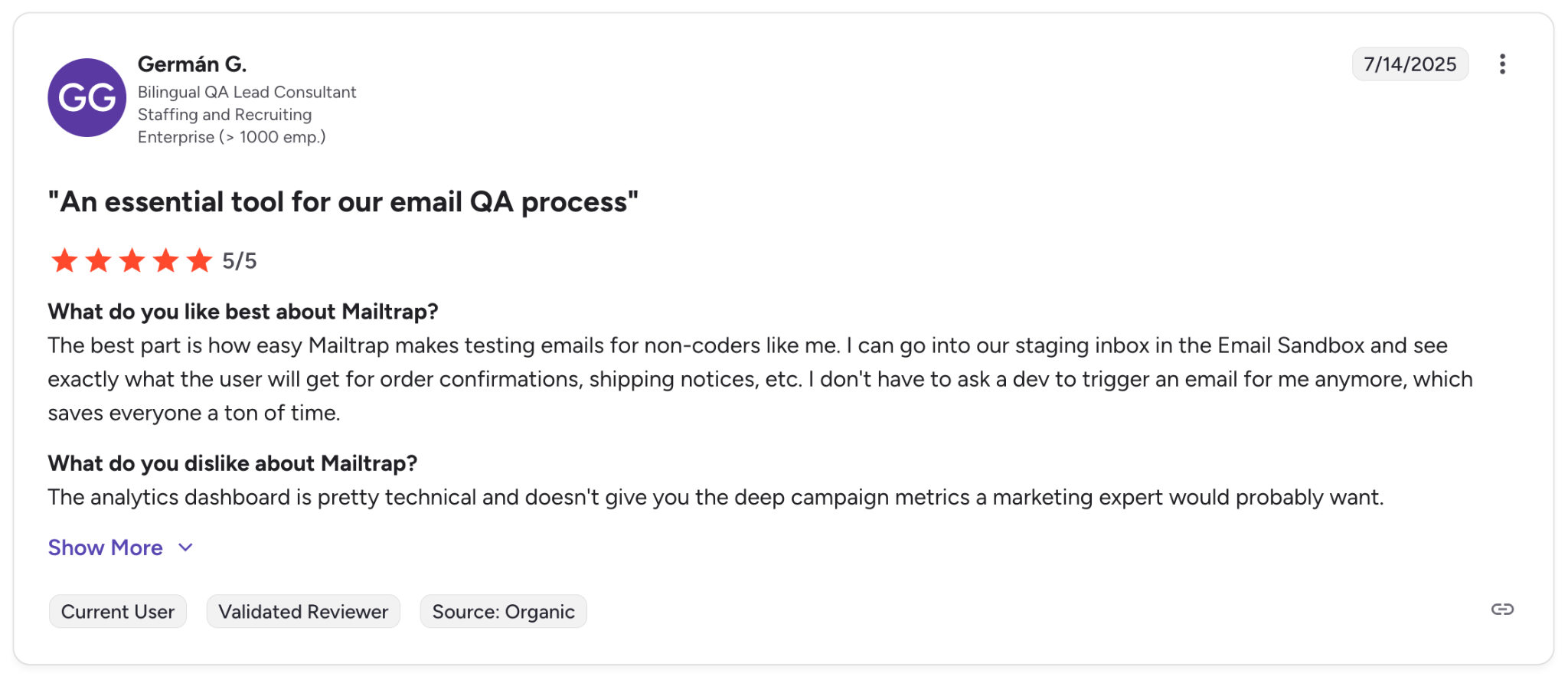 Mailtrap G2 verified review