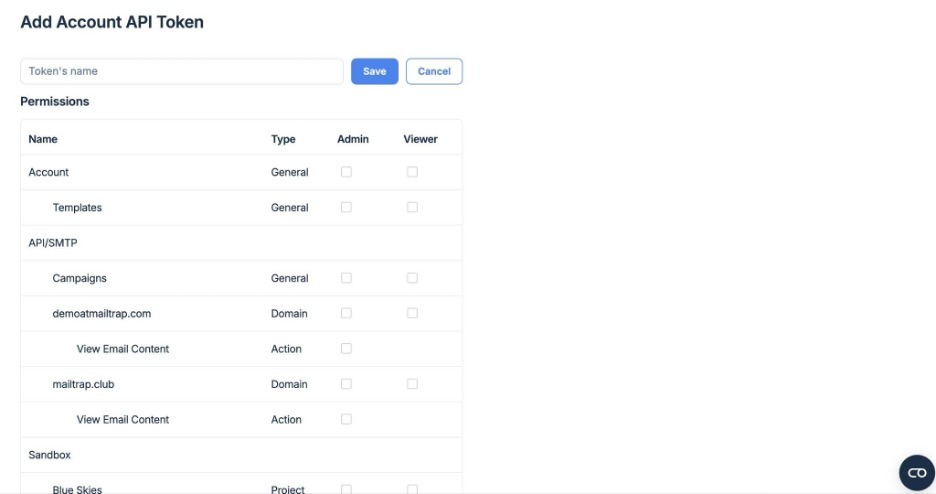 This is an image showing the Mailtrap add API token page