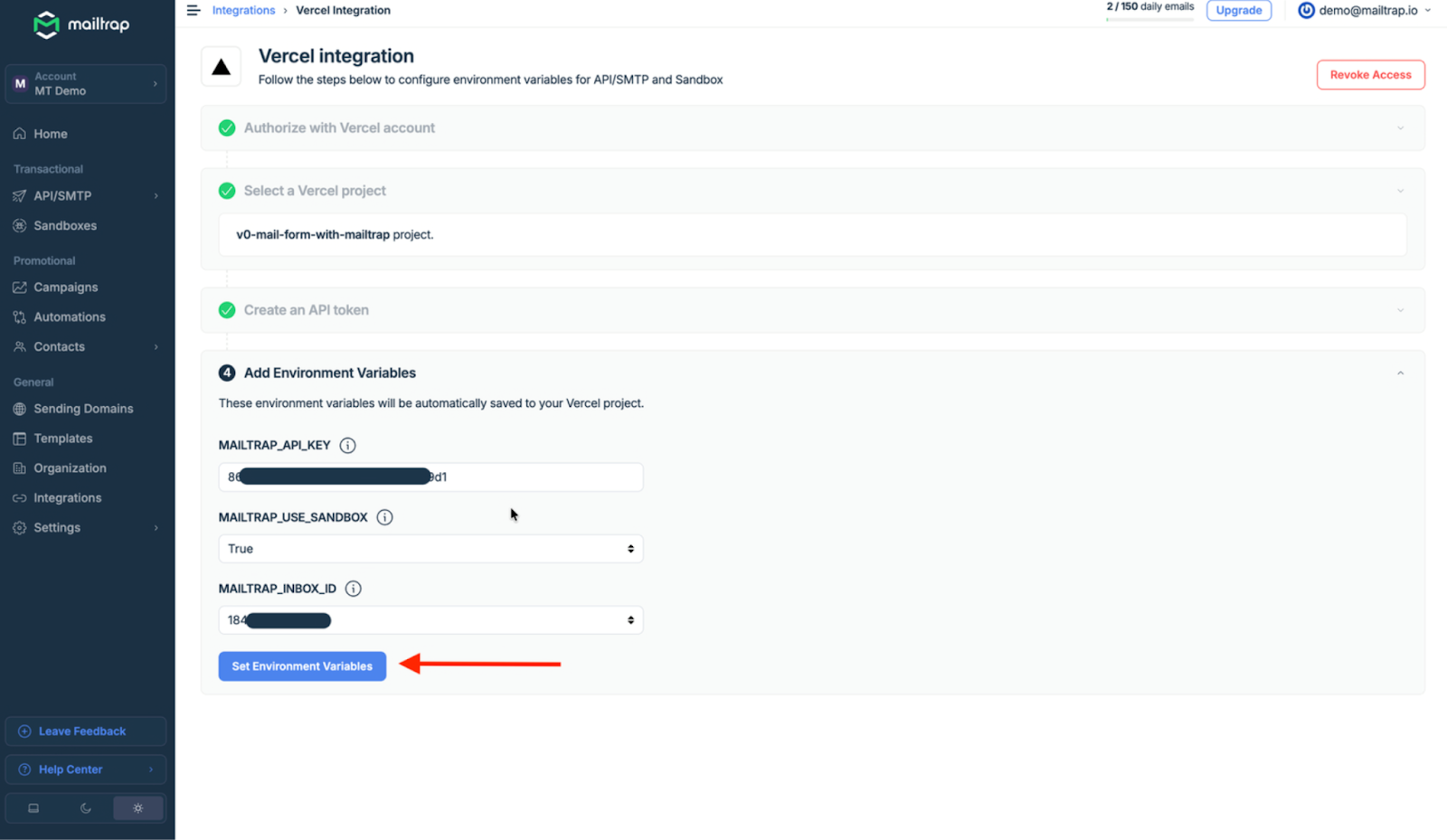 Mailtrap Vercel integration add Environment Variables