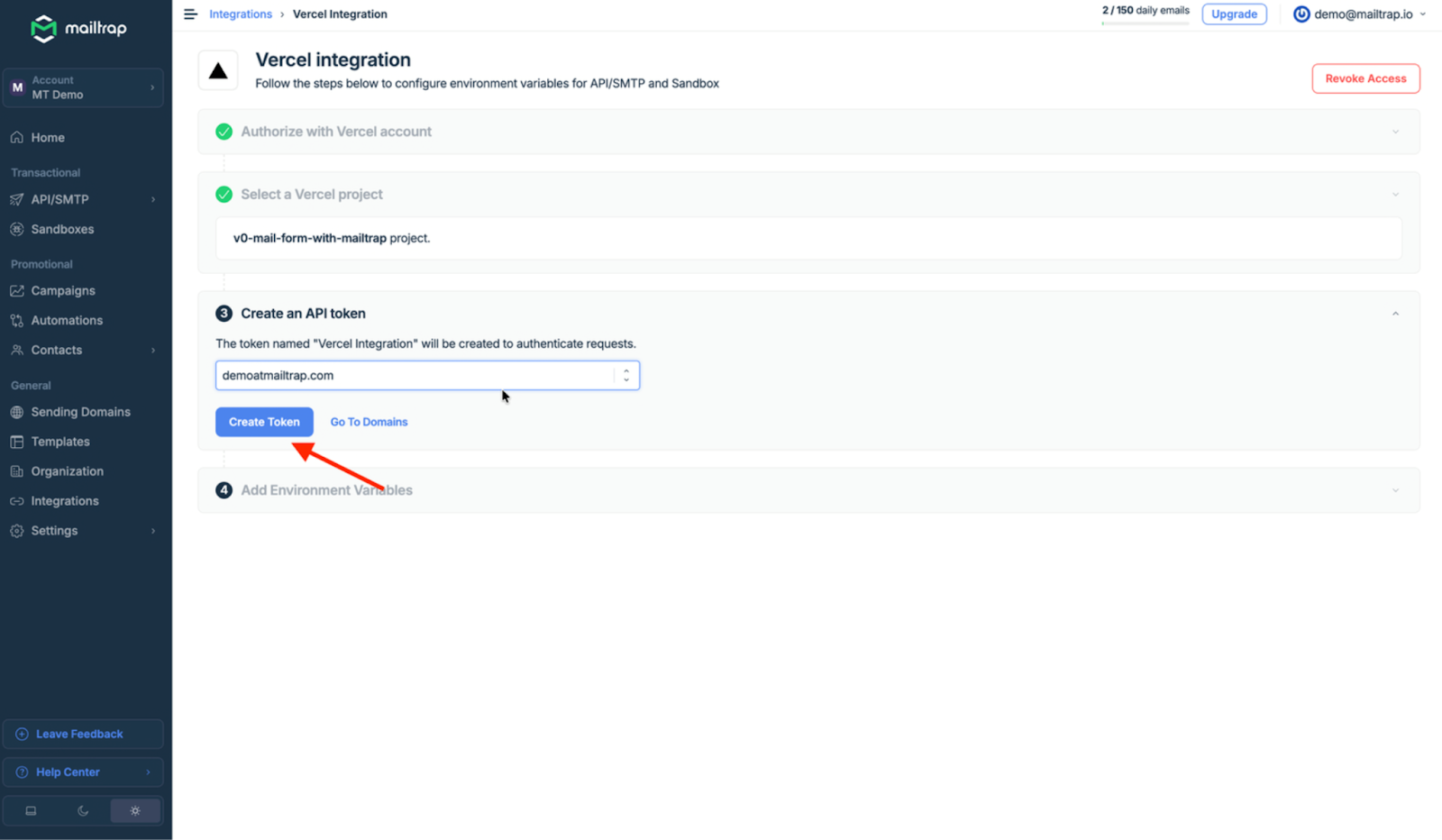 Mailtrap Vercel integration create API token