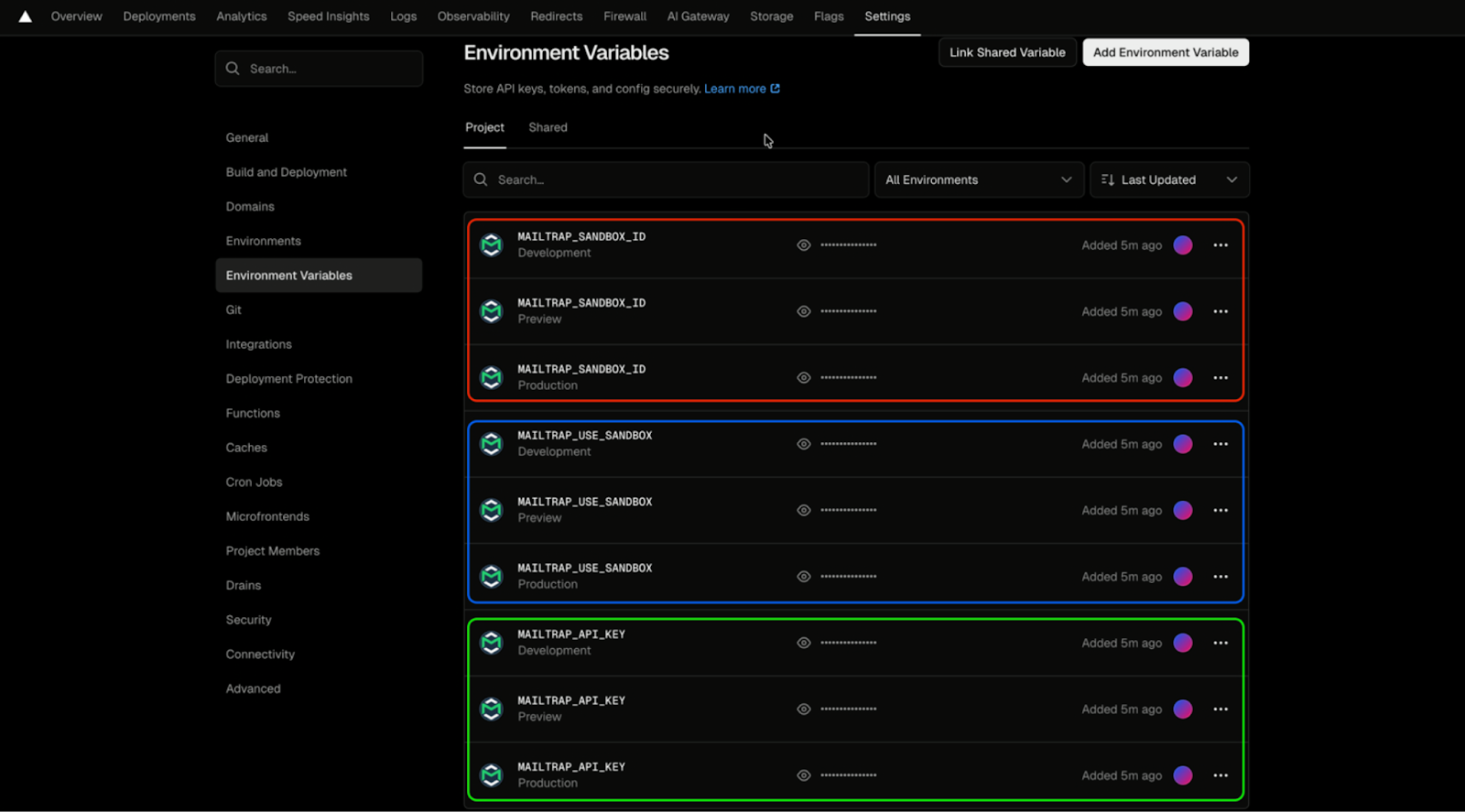 Vercel Environment Variables preview