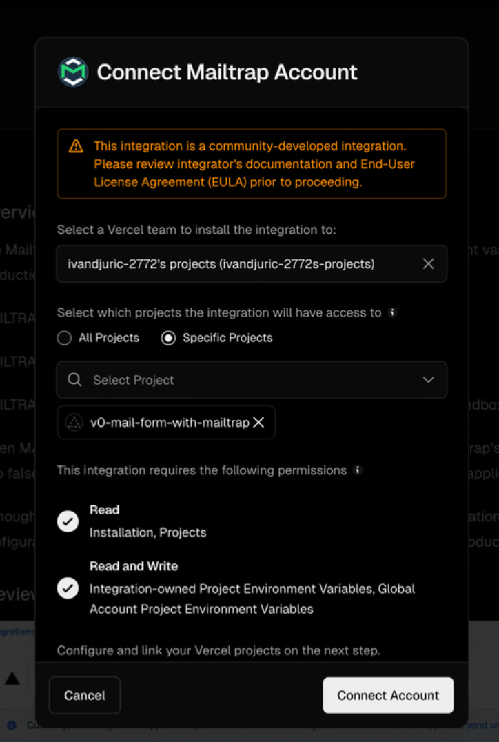 Connect Mailtrap Account popup