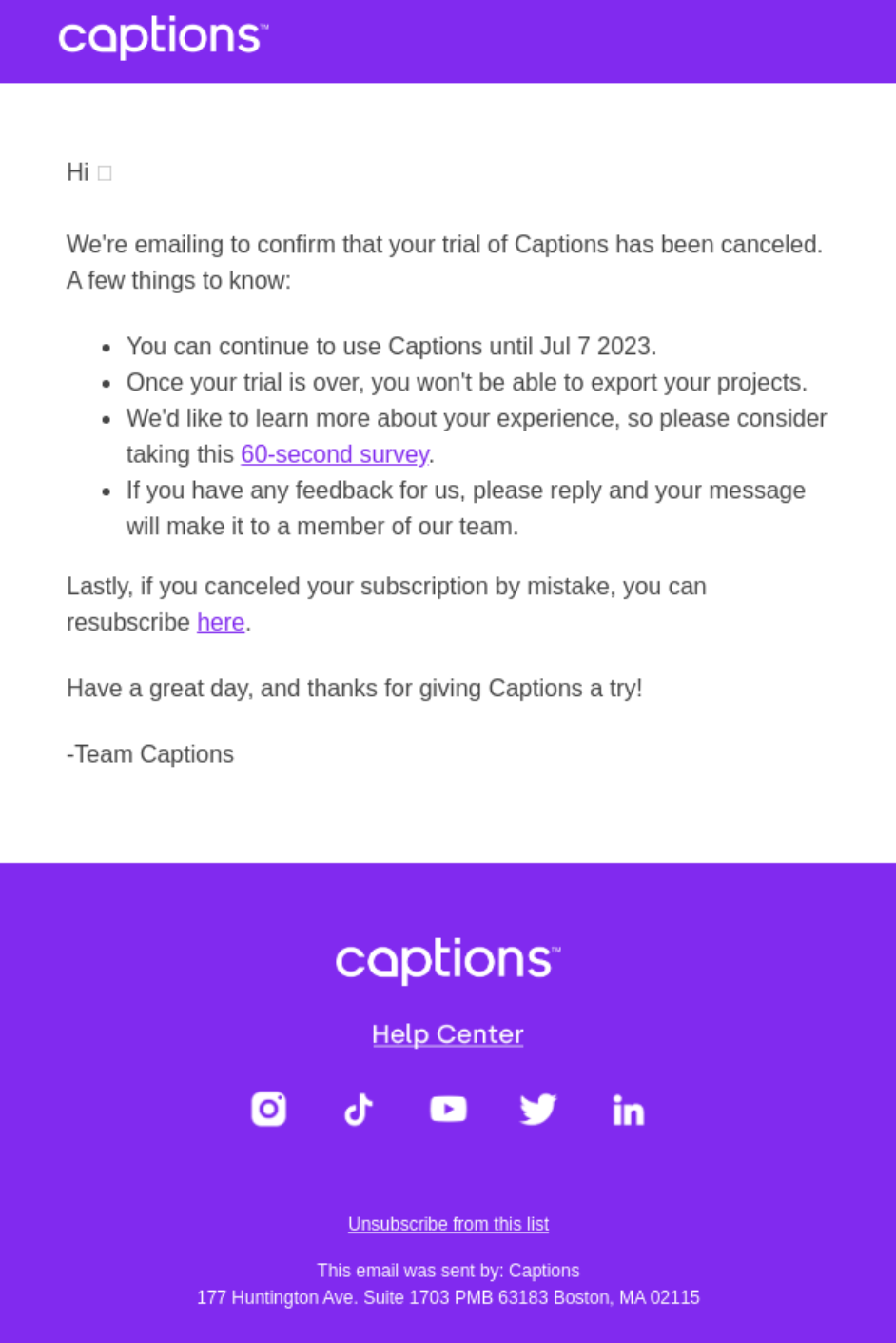 Captions cancellation email