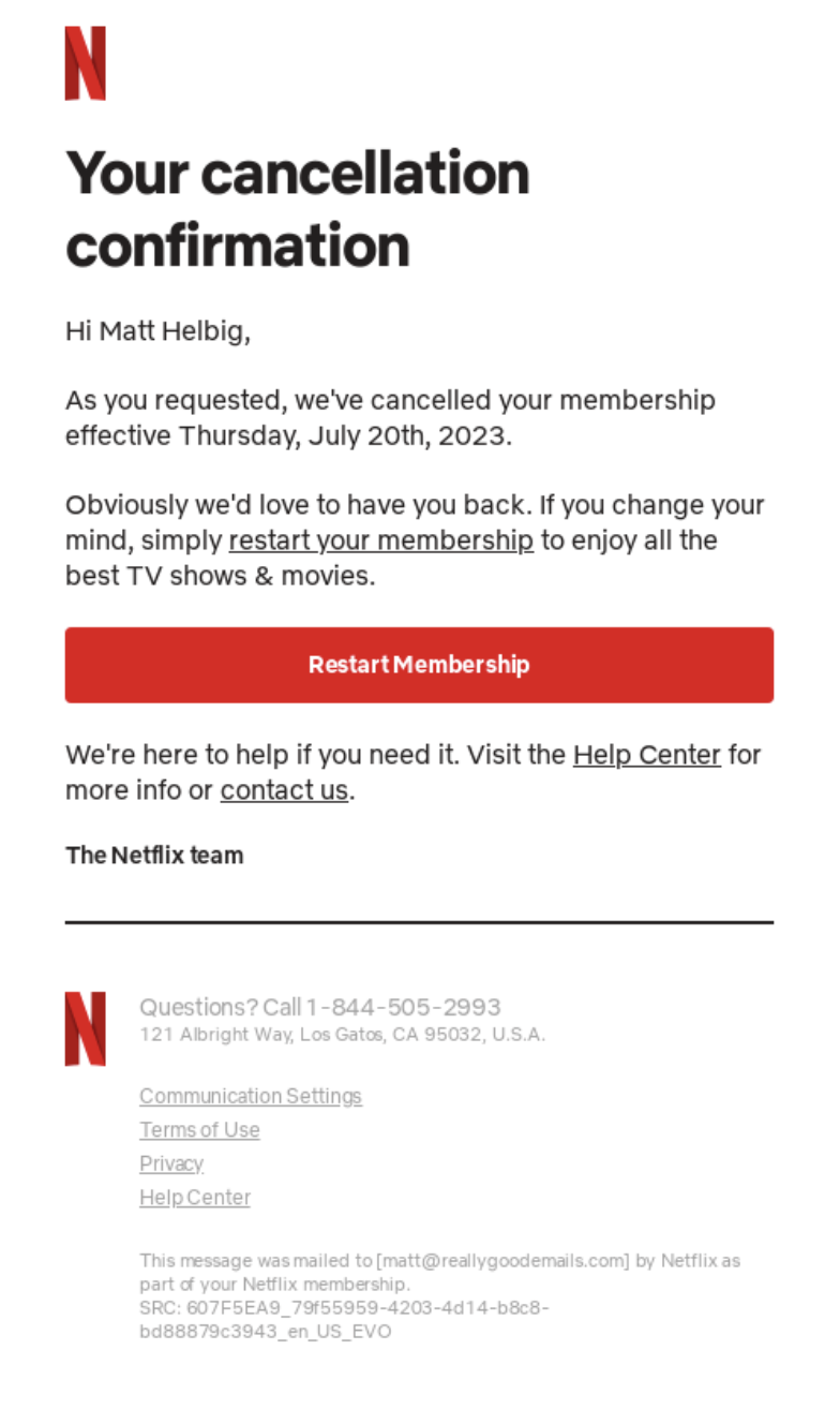Netflix cancellation confirmation