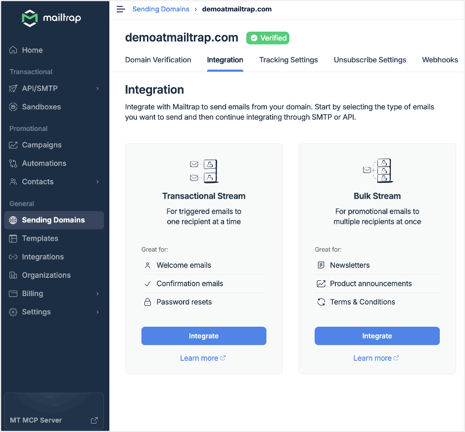 This is an image showing the Mailtrap integration page