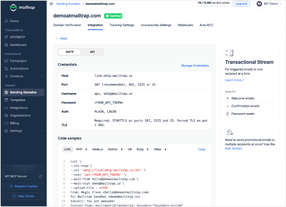 This is an image showing the Mailtrap SMTP credentials