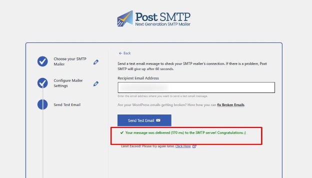 This is an image showing the Post SMTP email test success message