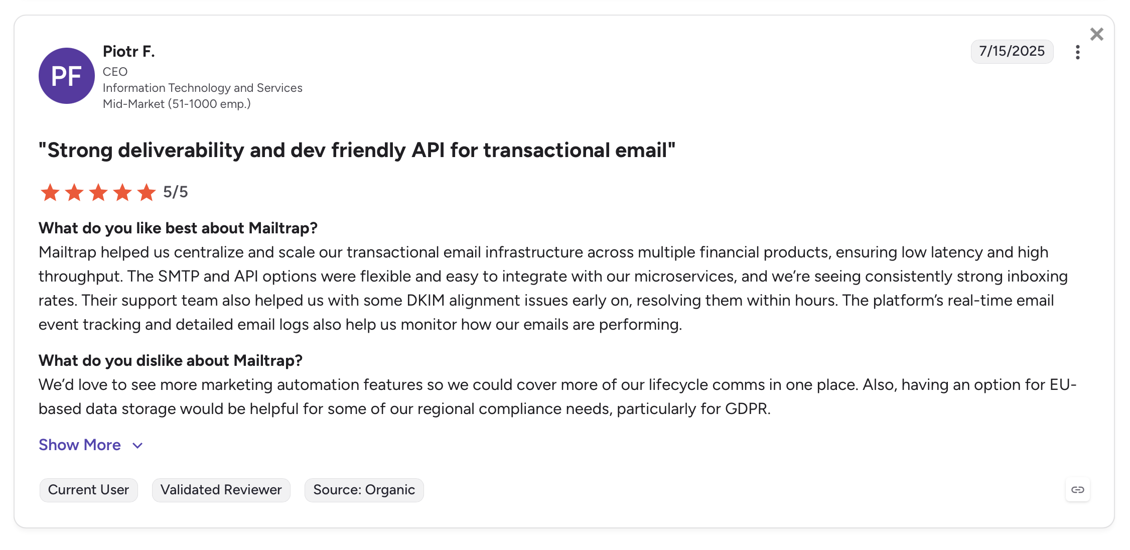G2 Mailtrap User Comment