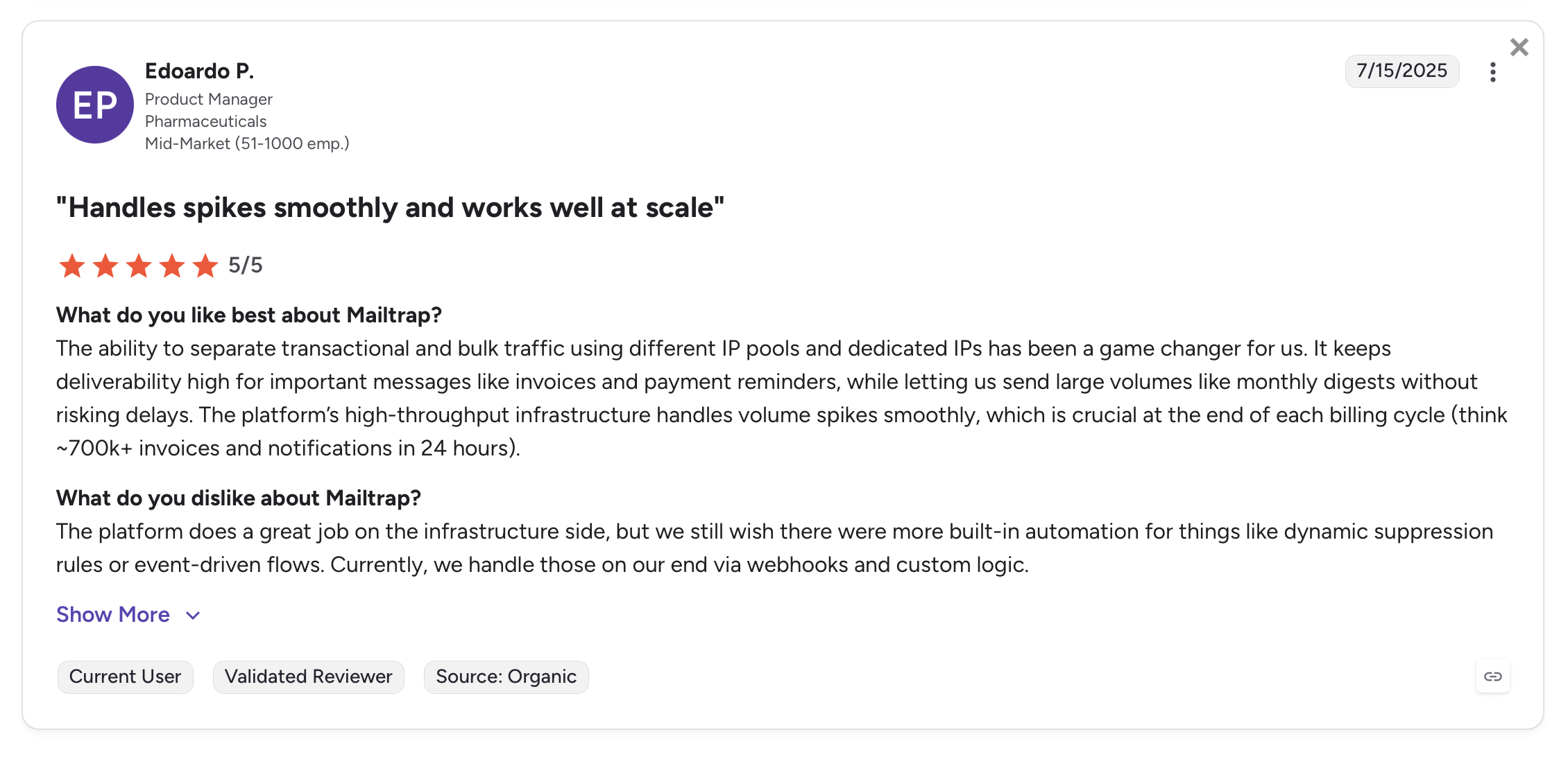 G2 Mailtrap user comment