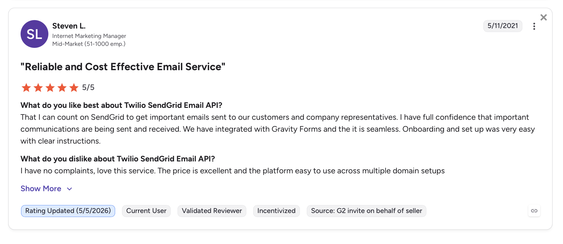 G2 SendGrid user review