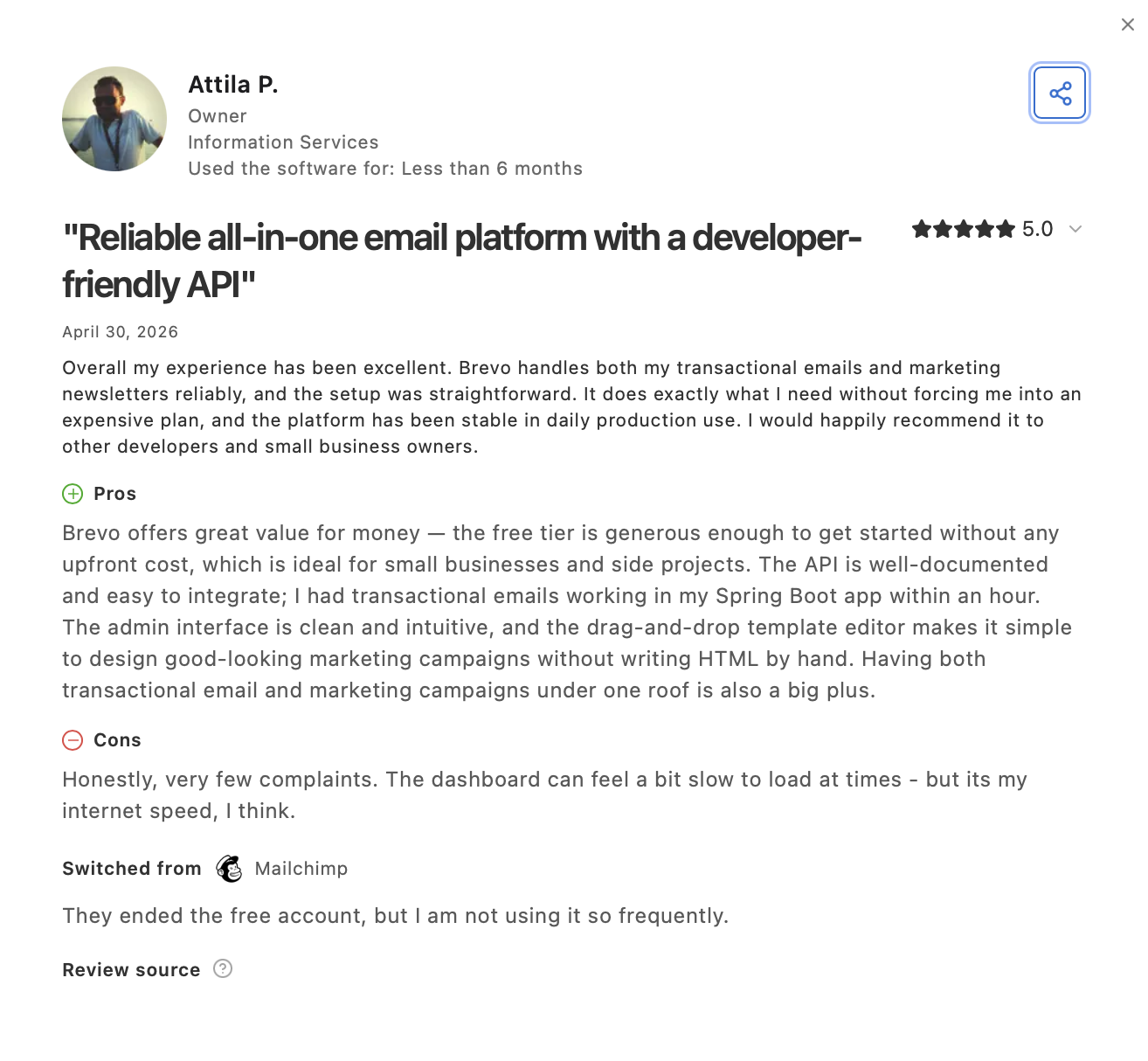 Brevo Capterra user review