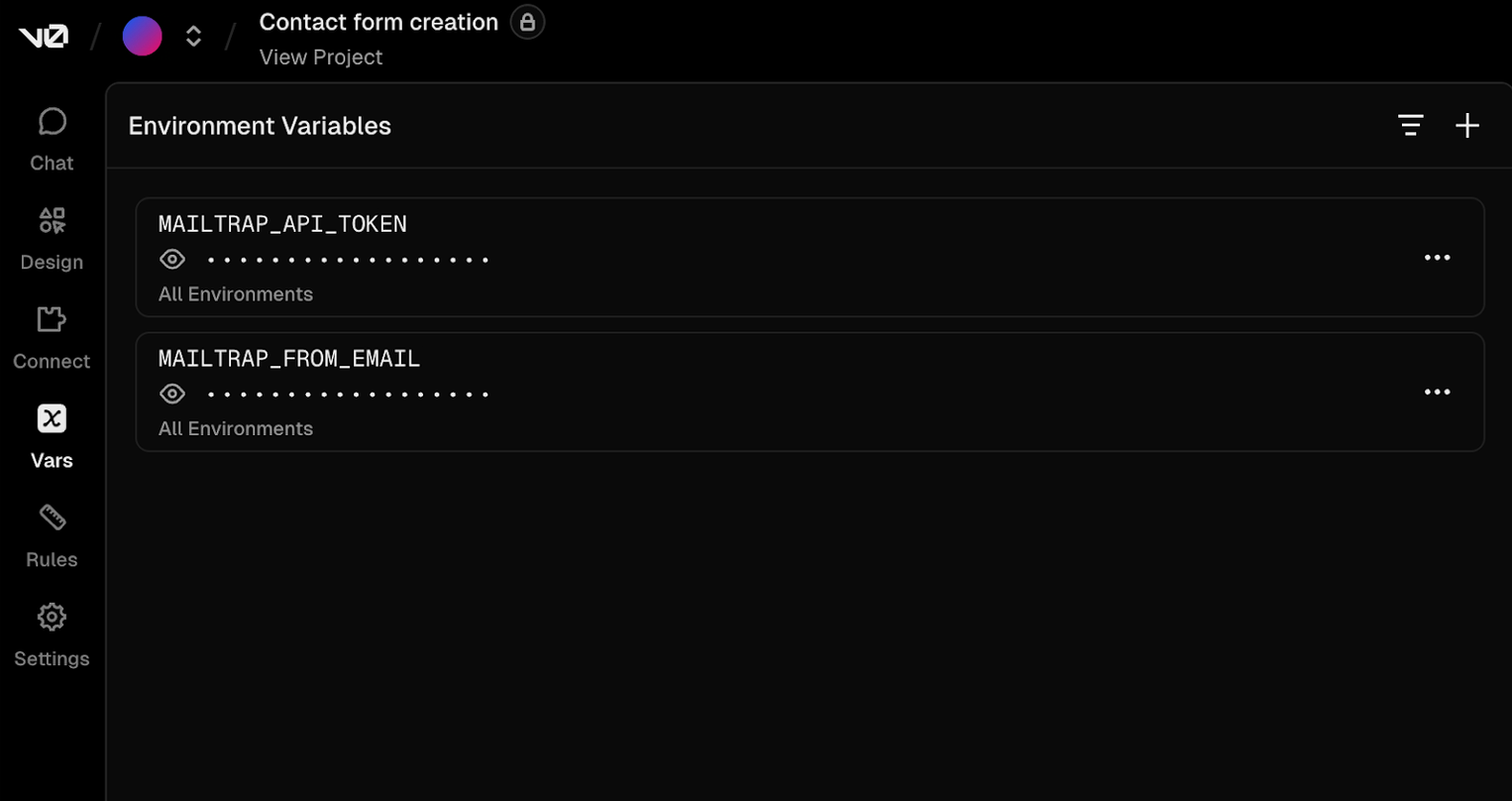 V0 Environment Variables menu