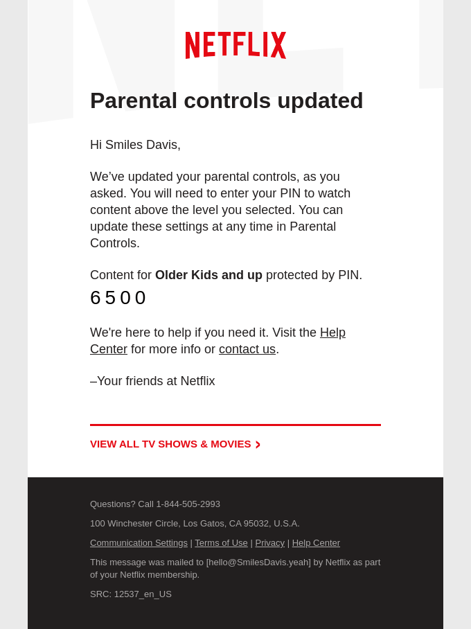 Account update confirmation from Netflix