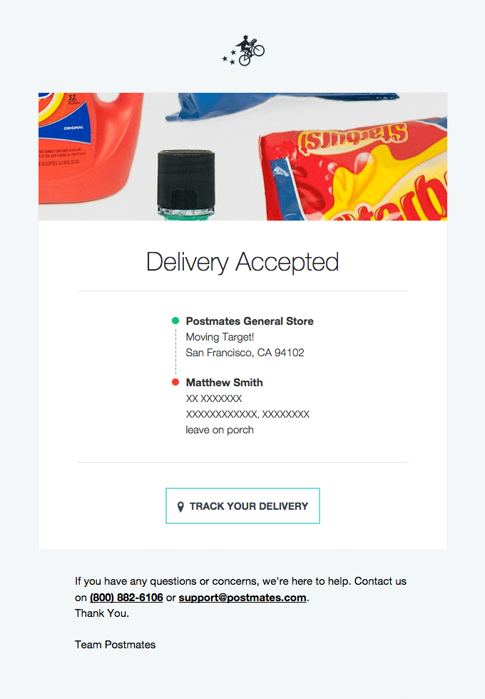 Delivery tracking email from Postmates
