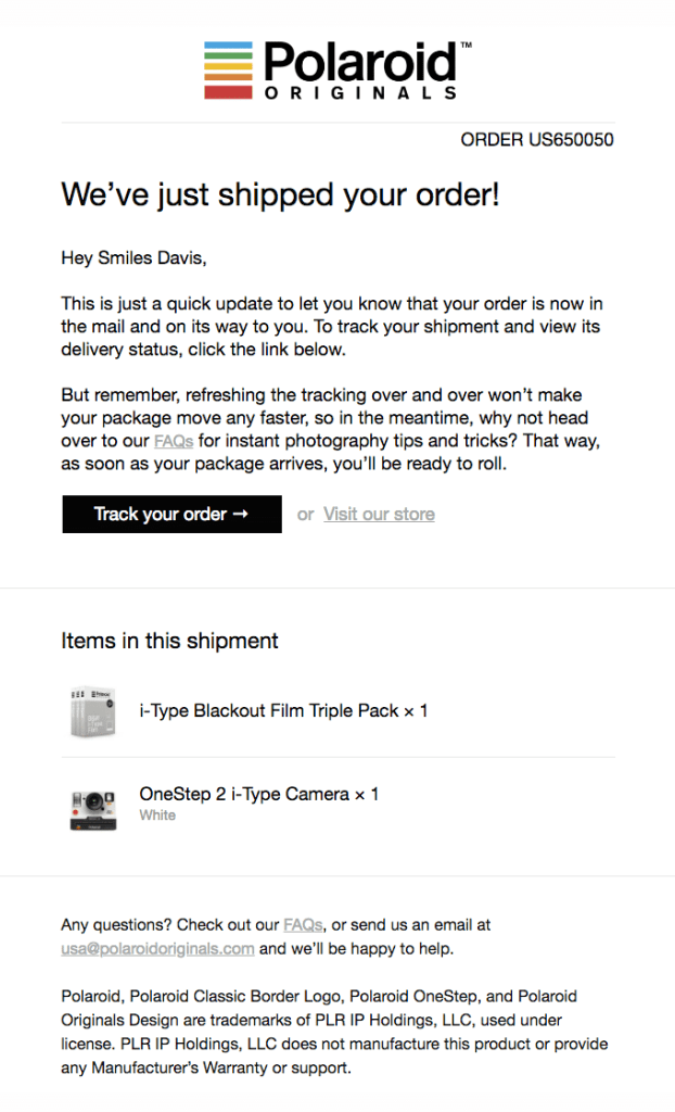 Polaroid order confirmation email